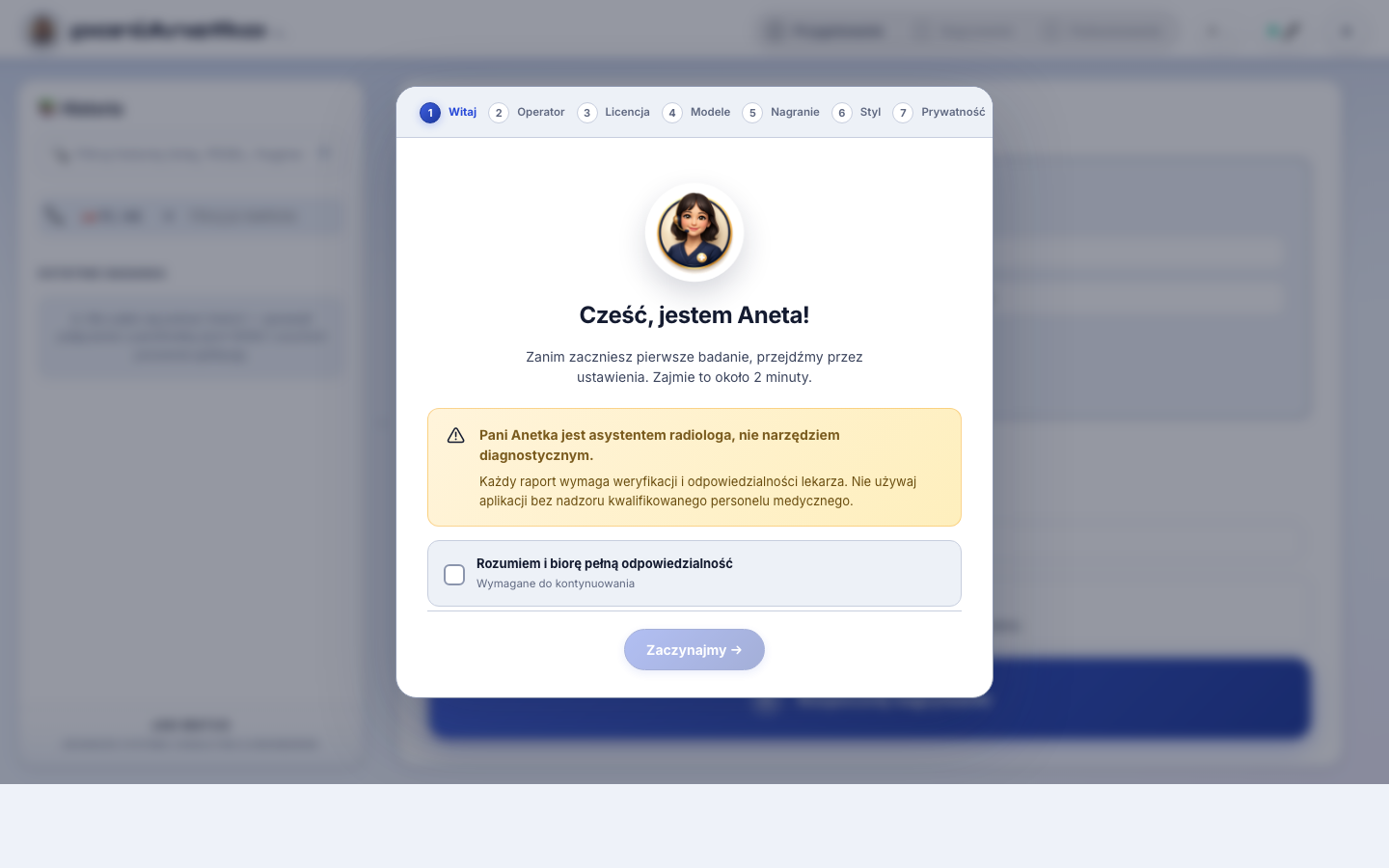 Wizard pierwszego uruchomienia z disclaimerem medycznym